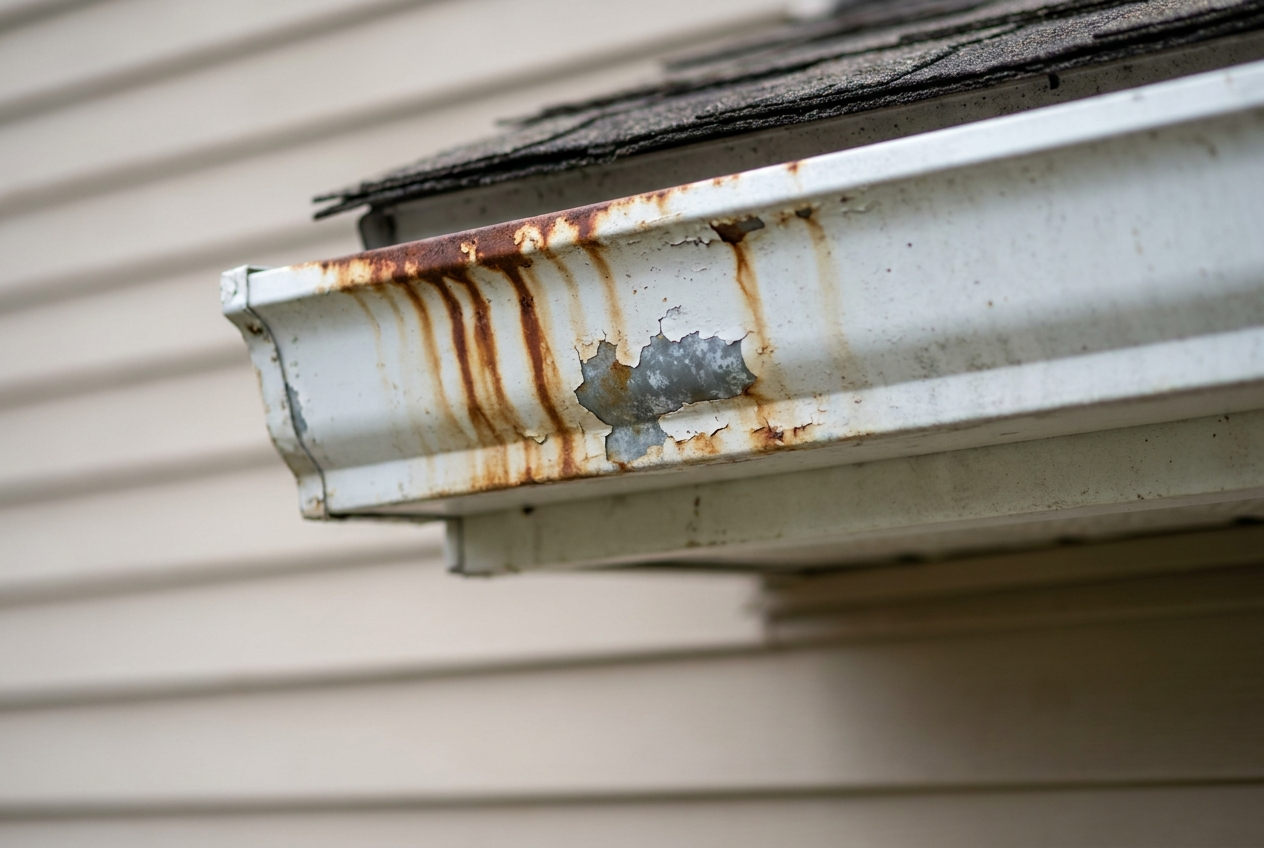 Rust streaks on aluminum gutter