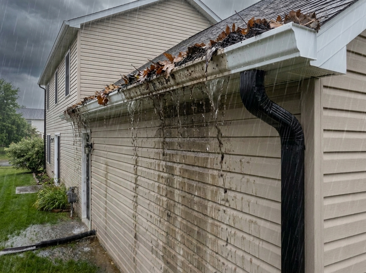 Clogged overflowing gutter during heavy rain